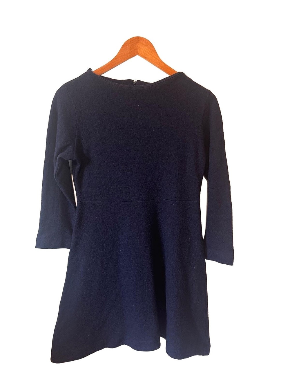 COS | Navy Boiled Wool Cotton Blend Fit Flare Dress Size M 3/4 Sleeve Zip Luxury